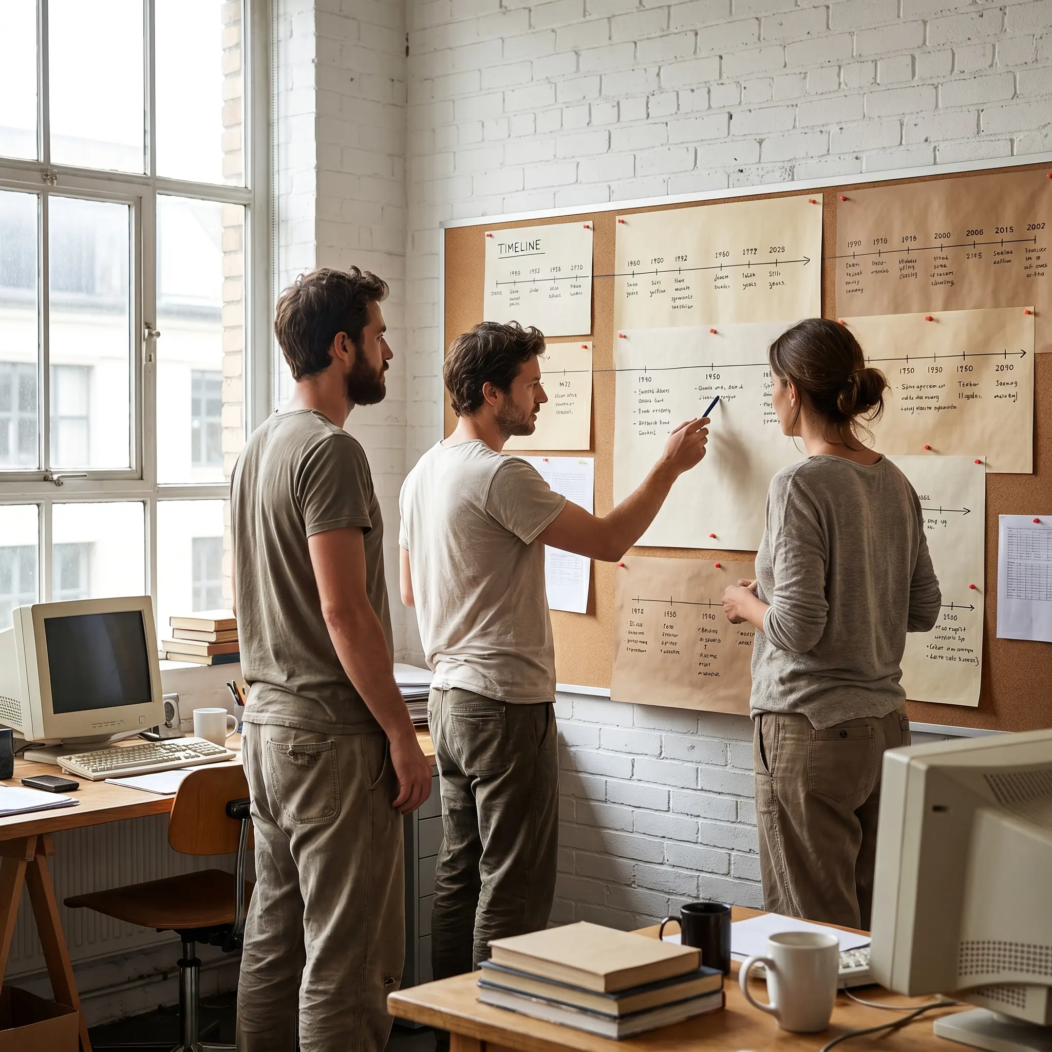 Editors reviewing timelines in a small independent newsroom