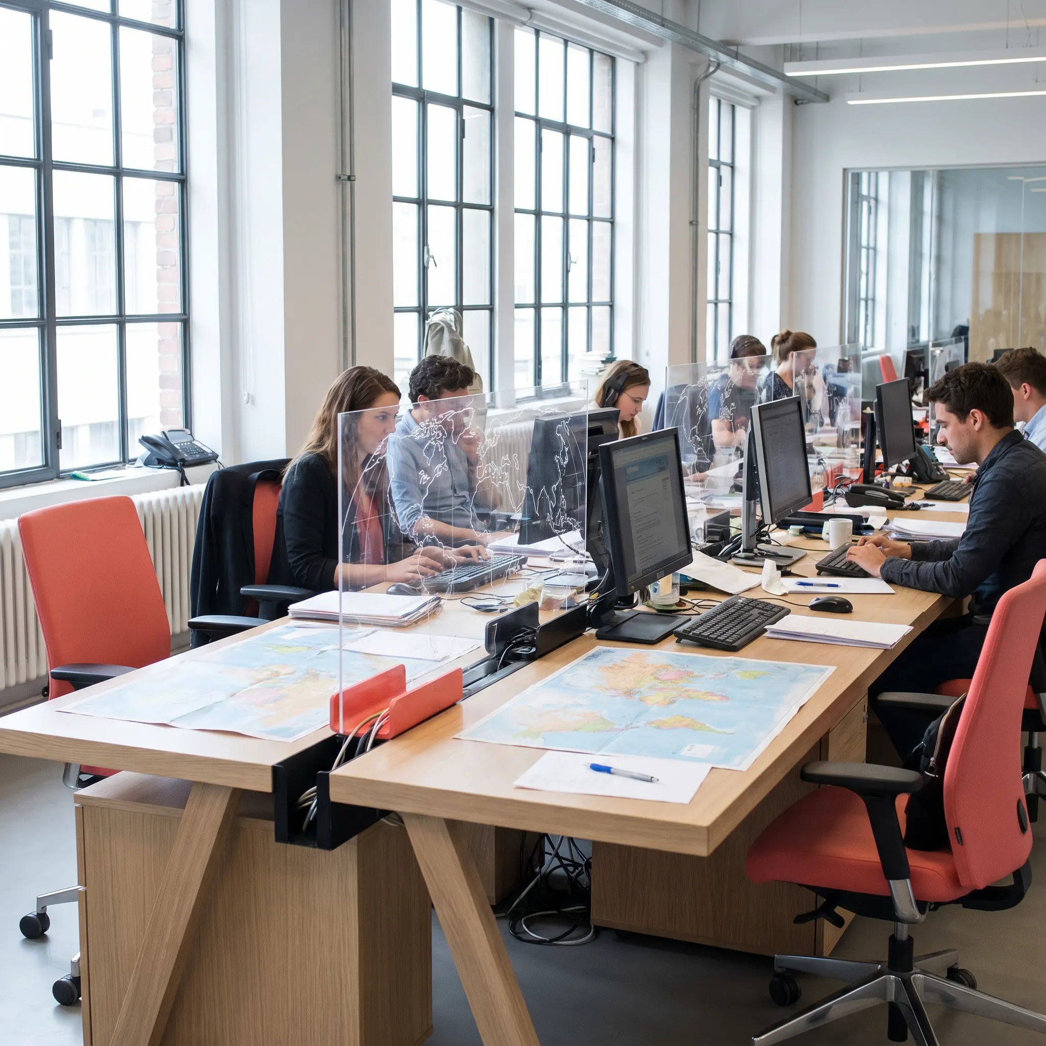 Independent newsroom desk with maps, source papers, and daylight