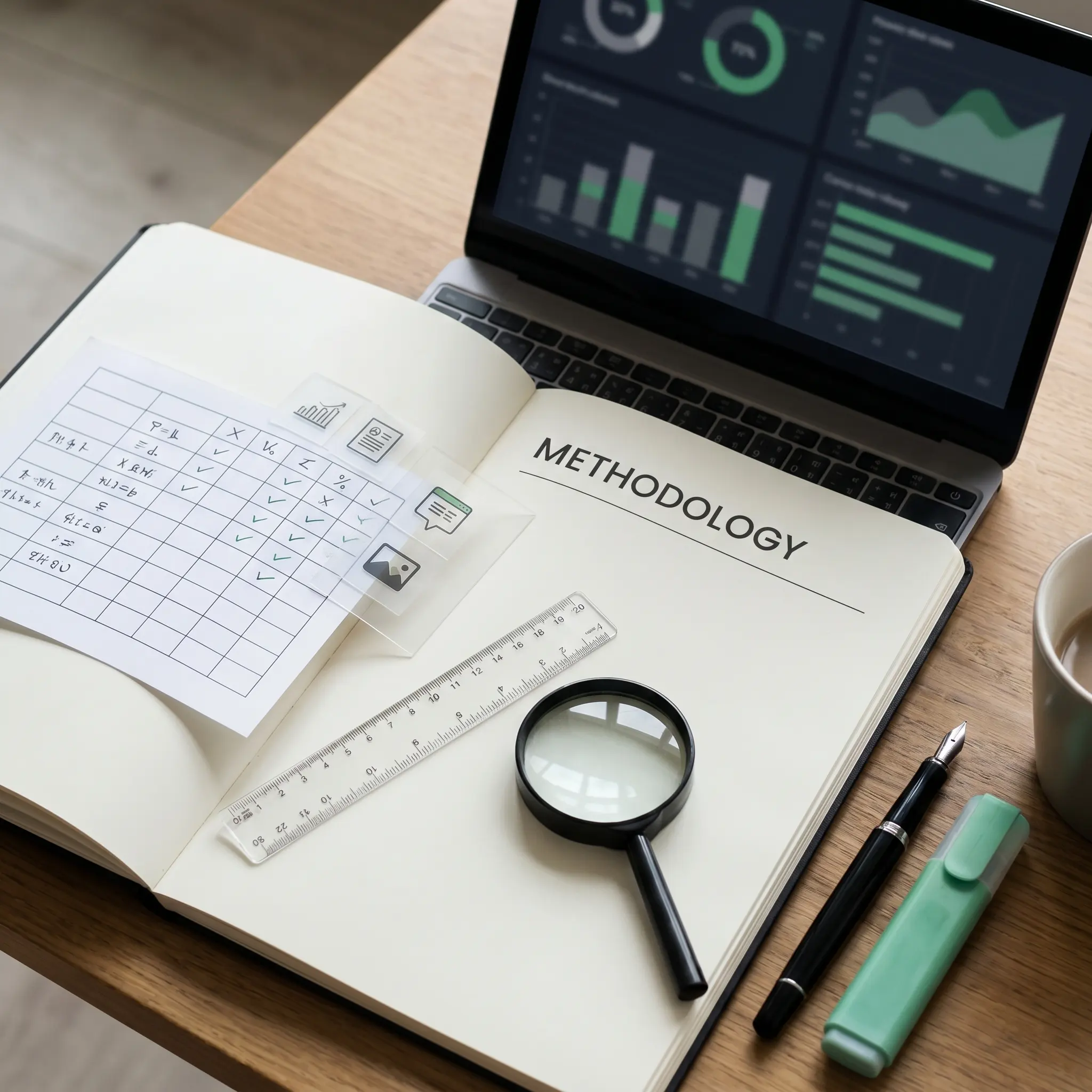 Fact checking desk with source cards, ruler, and chart notes